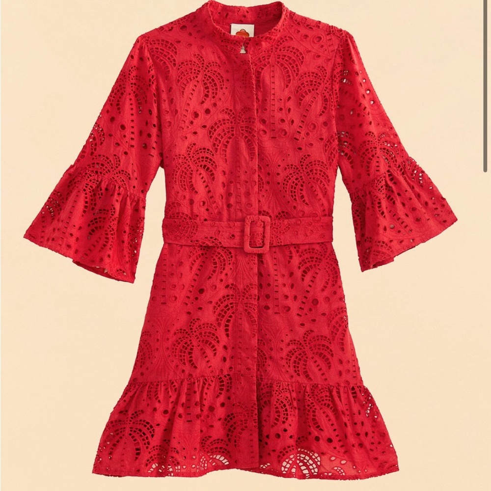 FARM Rio Red Ruffled A-line Dress with Bell Sleeves